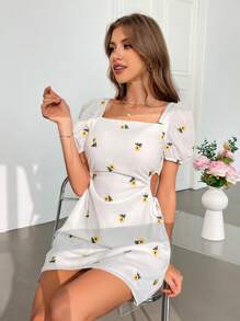 SHEIN Frenchy Plus Size Women's Yellow Embroidered Princess Sleeve Short A-Line Dress, Suitable For Valentine's Day - White - View 4