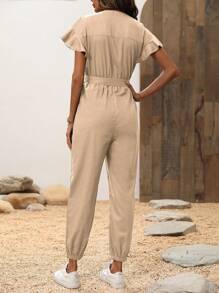 Breezaya Women's Solid Color Ruffle Short Sleeve Single-Breasted Shirt Jumpsuit