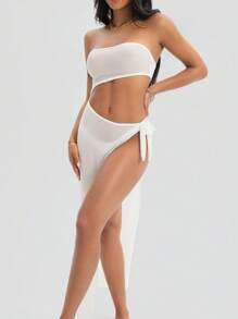 SHEIN Vestido de playa largo con lazo y diseño calado sin tirantes de un solo color para mujer en verano - Blanco - Ver 3