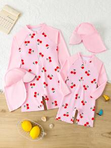 1 件女童甜美可爱随机印花粉色舒适时尚连体泳衣 - 粉色 - 查看 7