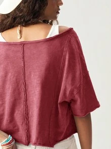 Bohemela 女士休闲纯色针织 V 领短袖宽松 T 恤 - 紅色 - 查看 8