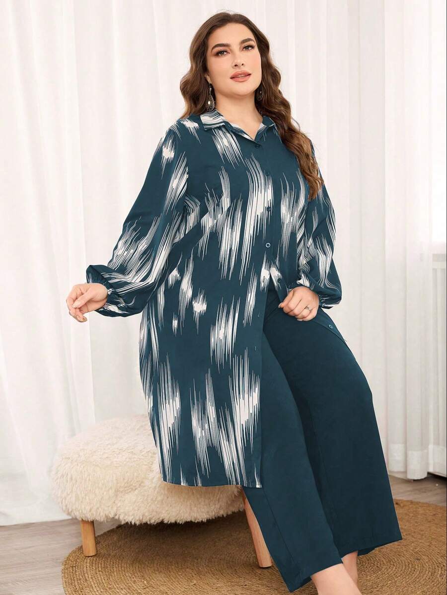 Lacomfia 2pcs/Set Plus Size Casual Commute Minimalist Long Shirt With Random Print, Stylish 2 Pieces Set Fall Cloth For Women - Teal Blue - View 1