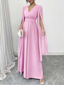 Rafferiza Vestido elegante de mujer para uso diario, banquetes, bodas, de cuello en V con pliegues cruzados en la cintura, corte 'A' con capa, de gasa transparente color lavanda para primavera y verano, falda larga