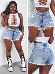 SHEIN Slayr Women's Front Button Pocket Ripped Minimalist Casual Denim Shorts - Blue - View 1