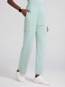 Scrubzie 1 set femeie cu decolteu în V cu mâneci crestate și pantaloni uniformă pentru scrub, culoare uni simplă