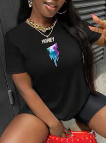 DarkDoll Women Black Fluid Figure Graphic Street Style, Casual Loose Fit Round Neck Short Sleeve T-Shirt, Graphic Tee Suitable For Summer, Rave Western Wear