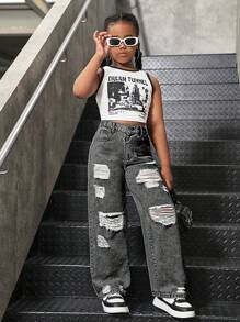 SHEIN Sparklyn Tween Girls Y2K Style Casual Loose Fitting Distressed Wide Leg Jeans, Versatile For Daily City Walk, School, Campus, College - Light Grey - View 6