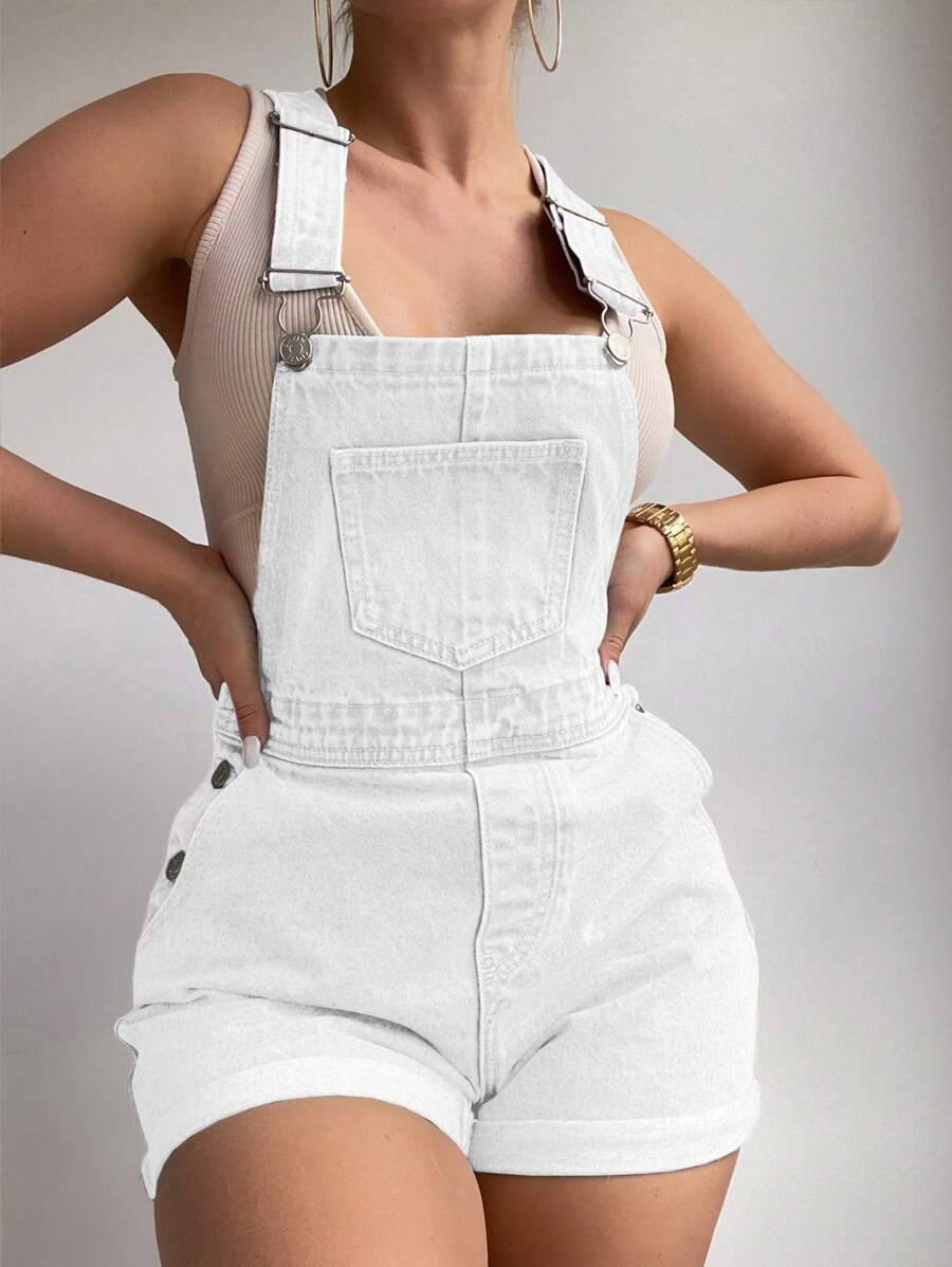 SHEIN Frenchy 女式休闲百搭牛仔连身裤，带口袋 - 白色 - 查看 1