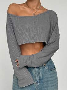 StreetHx 性感不对称领口短款上衣，简约设计，适合夏季 - 淺灰色 - 查看 4