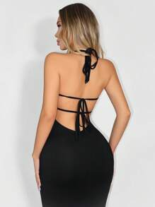 Zolique Ladies' Knitted Rope Lace Splicing Sexy Black Backless Dress - Black - View 5