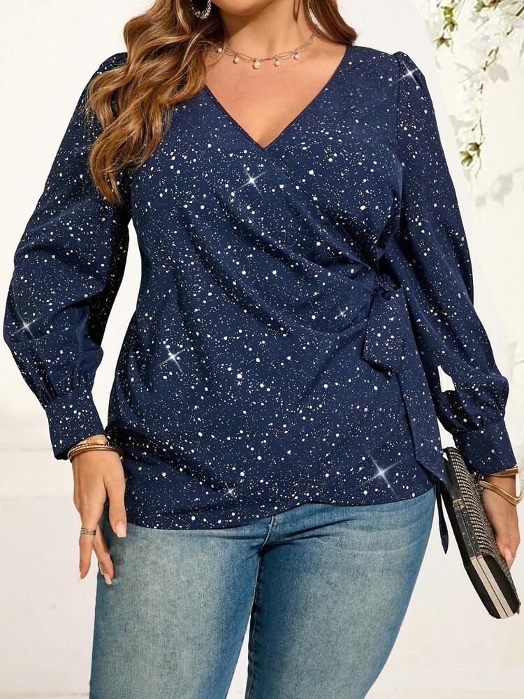Plus Size Women's Fashion Commuter Silver Foil Tie Wrap Tunic Top,Country Casual ,Simple And Fashionable For Everyday Wear,Vacation Woman Summer For Women Office Wear, Vacation Woman, Summer For Women Festival Boho,Holiday