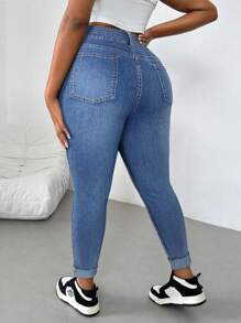 Firerie Plus Size Women's Pocketed Skinny Casual Versatile Denim Jeans - Medium Wash - View 2