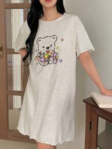 DAZY Camisón de mujer con estampado de oso de dibujos animados de manga corta, para invierno