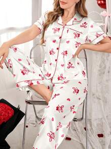 Conjunto de pijama de mujer con estampado de lacitos y cerezas, de seda sintética, con abertura frontal y cuello solapa
