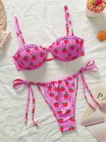 SHEIN Swim Fruit Printed Women's Bikini Bathing Suits - Pink - View 3