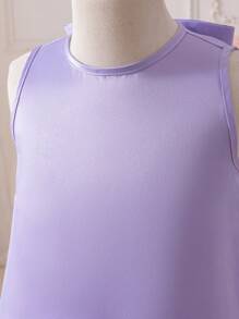 SHEIN 年轻女孩紫色编织纹理花卉 3D 圆领无袖修身连衣裙，优雅，婚礼，花童，大蝴蝶结，珍珠，蝴蝶结后背 - 紫色 - 查看 3