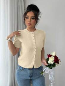 Chiquease New Casual Loose Pink Minimalist Button Knit Sweater Top, Women Short Sleeve Pullover, Autumn/Winter - Apricot - View 7