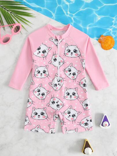 SHEIN Traje de baño de una pieza con estampado de gato de dibujos animados y shorts para niña bebé