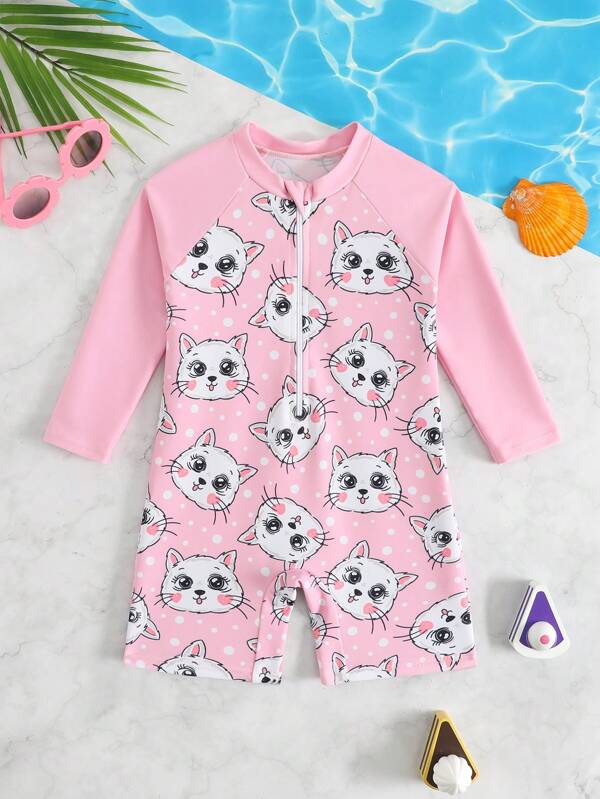 SHEIN Baby Girl Cartoon Cat Print Raglan Sleeve One-Piece Swimsuit With Shorts