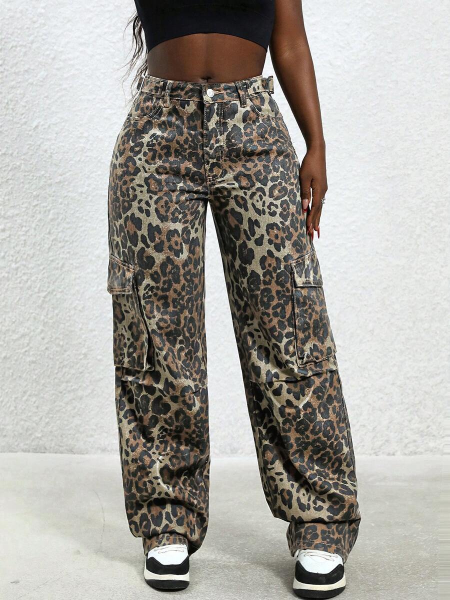Slaydiva Women's Fashion Leopard Print Denim Cargo Pants - Multicolor - View 1