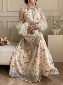 Modelyn 2 件套女士纯色网眼灯笼袖上衣和花卉印花连衣裙套装 - 彩色 - 查看 2