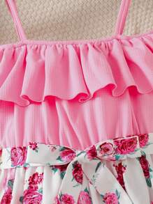 SHEIN Teen Girls Elegant Casual Holiday Pink Textured Knit Floral Rose Off Shoulder A-Line Dress, Suitable For Vacation, Easter, Country Music Festival, Wedding Season, Spring/Summer