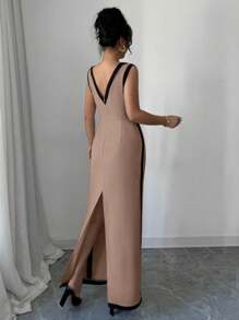 Elenzga Women's Elegant Casual Commuting Sleeveless High Waist Comfortable Vacation Holiday Color Blocking Trim Split Maxi Dress - Mocha Brown - View 2