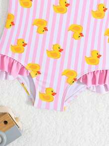 SHEIN Maillot de bain une pièce pour bébé fille avec imprimé rayures et canard jaune, pour les vacances à la plage