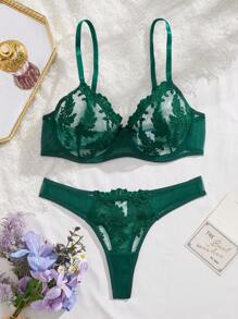 Esselle 2 件套女士刺绣网眼性感内衣套装 - 墨綠色 - 查看 5