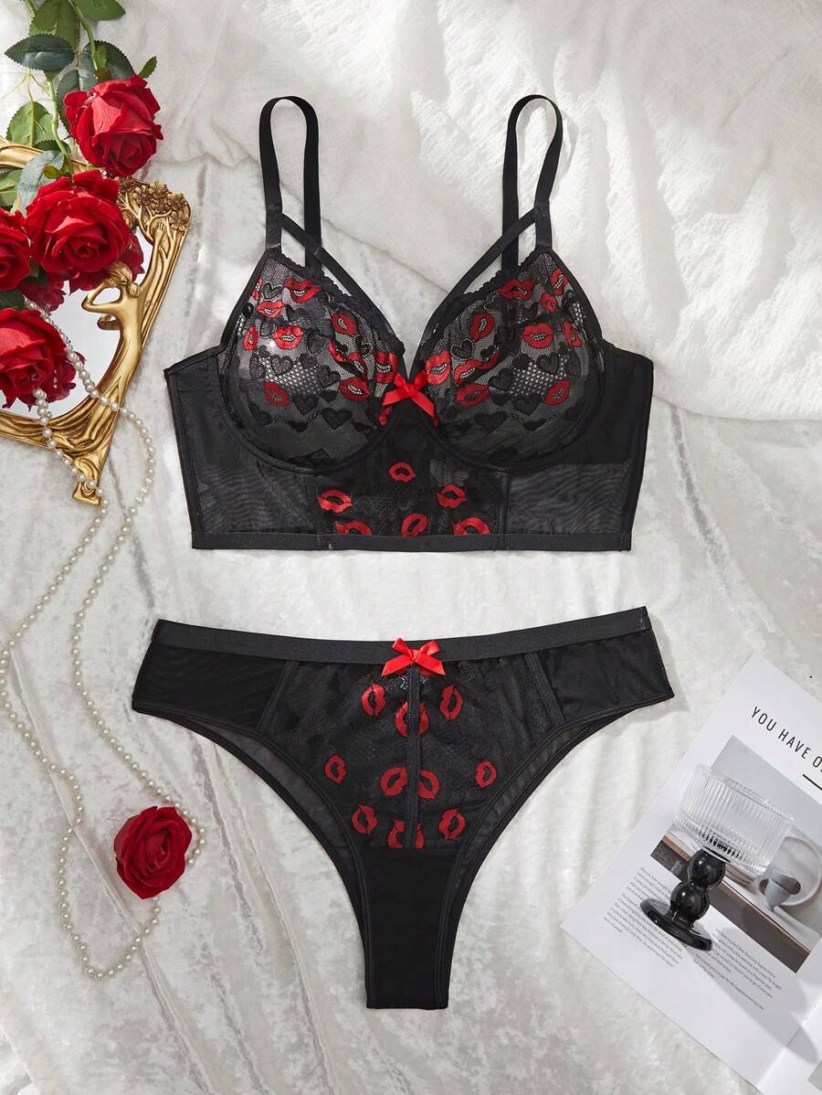 SHEIN 2pcs Women Plus Size Red Lace Lingerie Set - Black - View 1