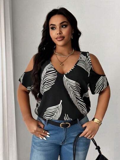 Maweii Plus Size V-Neck Open Shoulder Short Sleeve Allover Print Casual Shirt