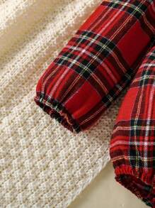 SHEIN Infant Girl Outfit: Cute Peter Pan Collar Plaid Long Sleeve Bodysuit And Bow Headband, Suitable For Christmas, Spring, Autumn, And Winter Daily Wear - Red - View 5