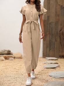 Breezaya Women's Solid Color Ruffle Short Sleeve Single-Breasted Shirt Jumpsuit