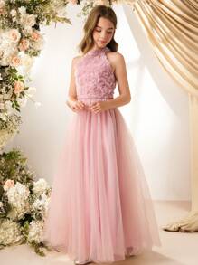 Vestido de niña de las flores, corte A y longitud midi, con aplicaciones florales y tul de malla, adecuado para boda, fiesta de cumpleaños, ceremonia