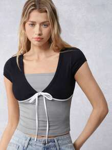 SHEIN EZwear Áo thun bó sát buộc dây phía trước màu tương phản dành cho nữ - Nhiều màu - Xem 5
