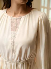 ZEYLAH 女士网眼珠绣花拼布衬衫 - 杏色 - 查看 2