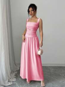 Rafferiza Đầm xếp ly không tay thanh lịch dành cho nữ có cổ vuông, màu trơn - Hồng - Xem 4