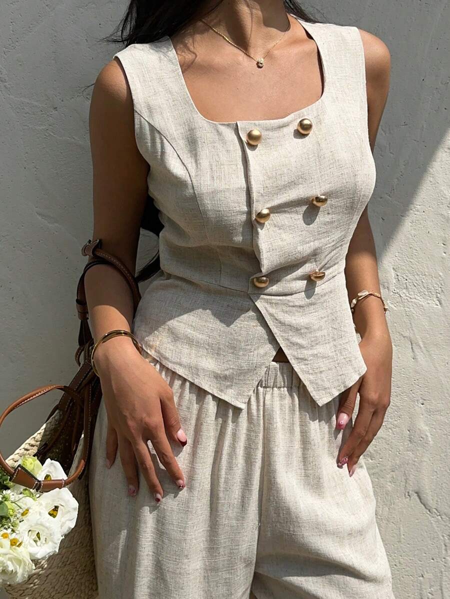 SHEIN Frenchy 2-częściowy damski jednolity kolor bezrękawnik i spodnie, minimalistyczny i modny na lato