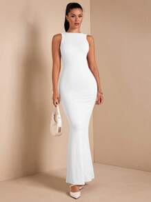 SHEIN BAE Đầm suông hở lưng thanh lịch gợi cảm màu trơn không tay, thích hợp cho tiệc cocktail, hẹn hò lãng mạn, áo lót thu đông, tụ họp, tiệc tùng, đi chơi đêm, đám cưới, Halloween, Giáng sinh - trắng - Xem 3