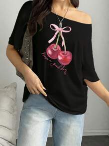 INAWLY Women's Off Shoulder Short Sleeve Cherry Print Casual T-Shirt