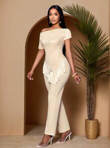 SOLERSUN Zomeroutfits Zomerkleding Strandoutfits voor dames Bruiloftsgasten Concertoutfits voor dames Rave-outfits Festival- en countryconcertoutfits Zakelijke casual outfits voor dames Vakantieoutfits voor dames Boho-stijl Bescheiden gehaakte strandkleding Asymmetrische schouders Sexy Elegant Slanke taille Dames Abrikooskleurig tweedelig pak met kwastjes - Abrikoos - Bekijken 1