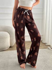 RueChic Women High Quality Soft Touch Viscose Contrast Colour Ribbon With Cute Bear Pattern Lounge Bottom - Brown - View 5