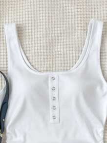 SHEIN Teen Girls' Basic Dot Rib Knit White Tank Top With Metallic Buttons, Casual All-Match Sleeveless Shirt With Deep U-Neck And Racerback