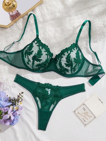 Women Geborduurde Mesh Verleidelijke Lingerie Set