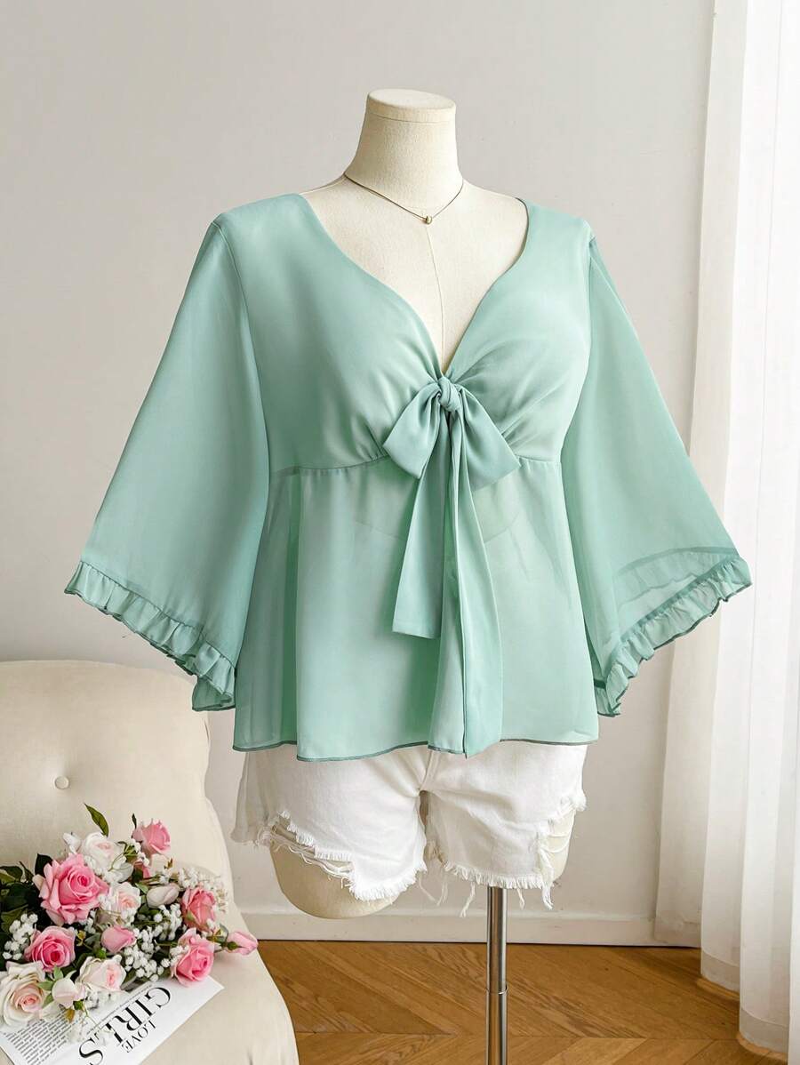 CosyJoli Blusa de verano romántica sencilla y versátil con volantes y patchwork en color verde para tallas grandes - Verde - Ver 1