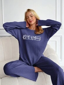 RueChic 100%Cotton Letter Printed Knitted Ribbed Homewear Set - Navy Blue - View 3