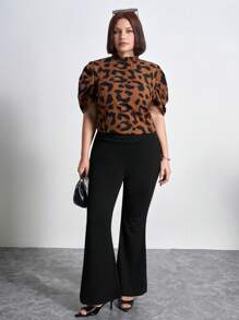 Chikora Plus Solid Flare Leg Pants,Business Casual Woman - Black - View 5