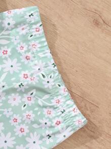 SHEIN Set 2 bucăți pentru fetiță, de vacanță, ocazional, top cu volane și jambiere florale pentru primăvară