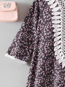 Vestido largo con adorno de encaje con motivos florales y de espiga de trigo para niña pequeña para uso diario, conjunto a juego madre-hija (se venden 3 piezas por separado)