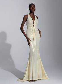 Elitara 优雅奢华涂层裹身弹力针织褶饰性感 V 领鱼尾裙，适合婚礼、派对、度假、舞会、晚会（装饰风格）、正式、派对礼服、礼服，适合婚礼宾客